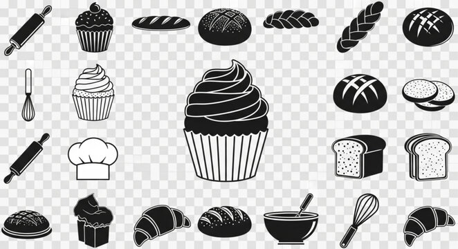 Collection of baked goods and baking tools in silhouette.