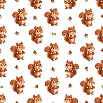 Playful squirrel seamless pattern with acorns and leaves on white background