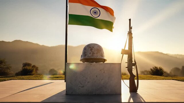Kargil Vijay Diwas tribute with Indian flag and helmet at sunrise