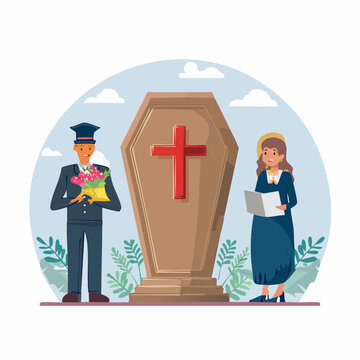Funeral Scene with Coffin, Mourners, and Flowers