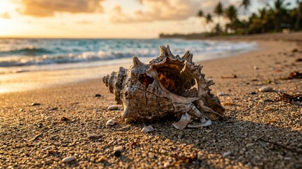 Obraz premium Seashell on Sandy Beach at Sunset with Ocean Waves and Palm Trees in the Distance