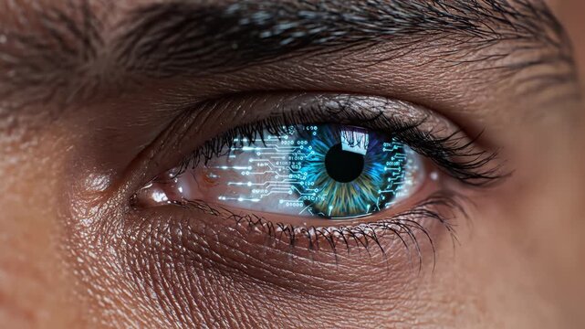 Human eye with digital circuit overlay representing the seamless integration of human and machine
