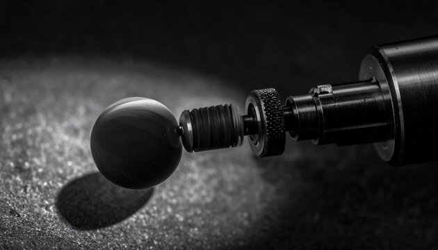 Industrial precision gemstone polishing process using automated machinery to transform a raw stone into a perfect sphere, capturing the technical craftsmanship of lapidary arts in a cinematic studio.