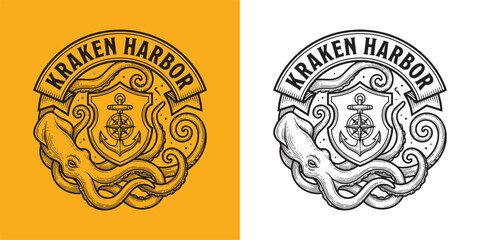 Vintage Kraken Harbor Nautical Seal with Giant Squid and Anchor Shield © Hamdani