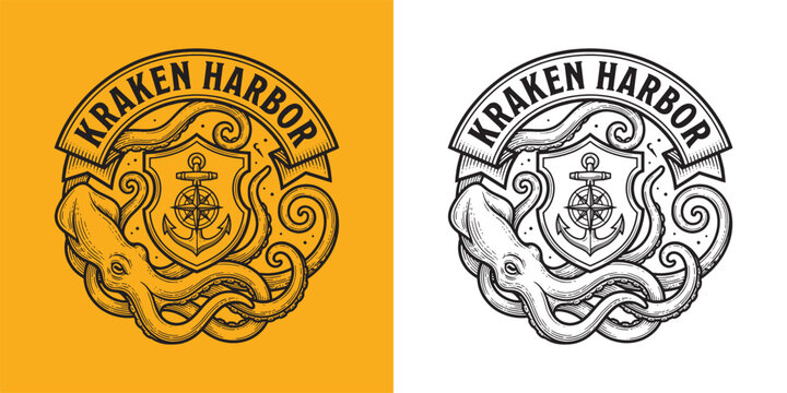 Vintage Kraken Harbor Nautical Seal with Giant Squid and Anchor Shield