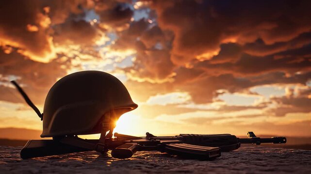 Kargil Vijay Diwas commemoration with soldier helmet and rifle at sunset