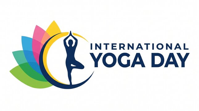 Celebration of International Yoga Day with a colorful logo featuring a person in a yoga pose and vibrant lotus flowers
