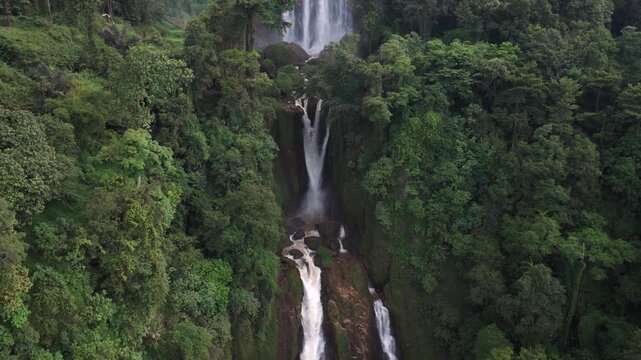 Aerial view of the Curug Klenting Kuning waterfall cascading through dense tropical forest and lush green trees in a misty atmosphere Kecamatan Limbangan, Central Java, Indonesia.