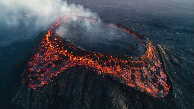 basaltic. Aerial view of a volcanic crater edge with glowing lava flow over black rock at golden hour. travel magazines, destination branding, designed for travel destination branding.