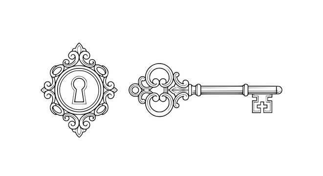 Minimal antique key and keyhole engraved line art with Victorian decorative elements vector