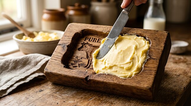 Creamy Butter Slab Being Spread in Rustic Wooden Mold