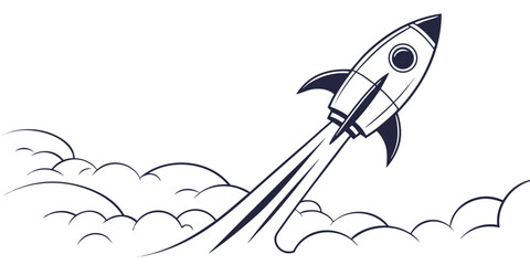 Graphic illustration of a rocket ship blasting off through clouds with illustration business innovation monochrome minimalist exploration universe blastoff progress © AF