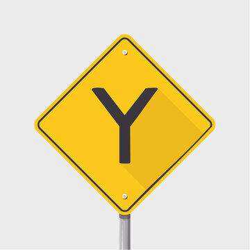 Yellow Diamond Road Sign Indicating a Fork or Split in the Road