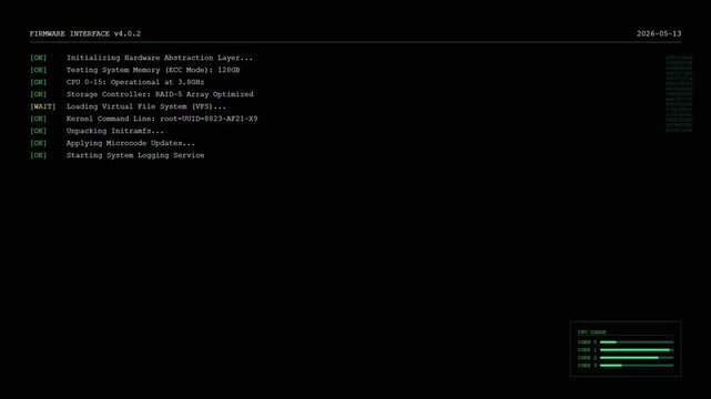 Firmware Interface Digital HUD Screen with Hardware Initialization Terminal and System Loading Sequence Dashboard.