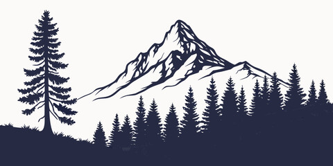 Graphic silhouette of mountain range and coniferous pine forest with mountain silhouette landscape wilderness evergreen adventure outdoors timberline environment climbing © AF