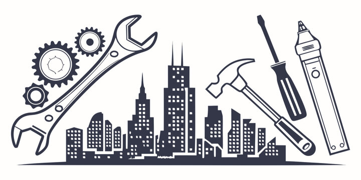 Urban development concept with city skyline silhouette surrounded by construction tools like wrench hammer and screwdriver construction screwdriver industry architecture