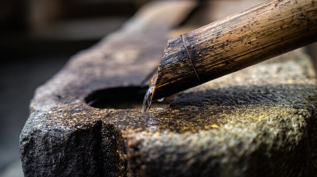 wellhead. Ancient wooden wellhead with bamboo pipe channeling water into stone trough. travel magazines, destination branding, designed for travel destination branding, elevates destination branding.
