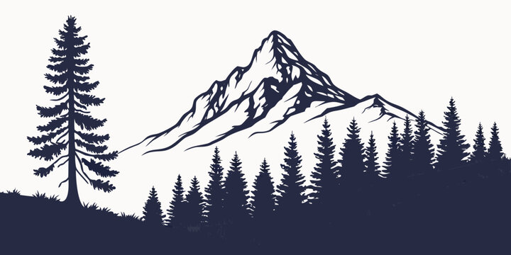 Graphic silhouette of mountain range and coniferous pine forest with mountain silhouette landscape wilderness evergreen adventure outdoors timberline environment climbing
