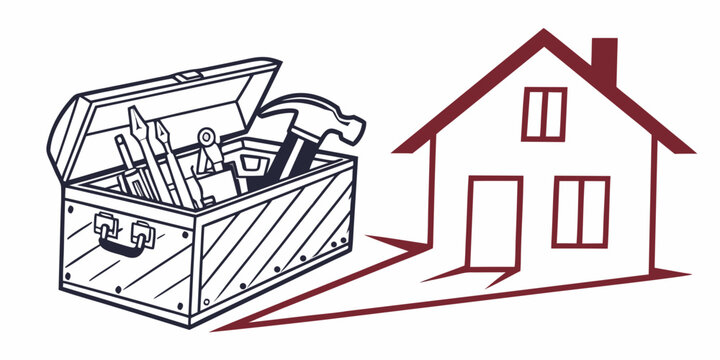 Illustration of a house and open tool box for home renovation concept with renovation construction maintenance carpentry improvement architecture building residential