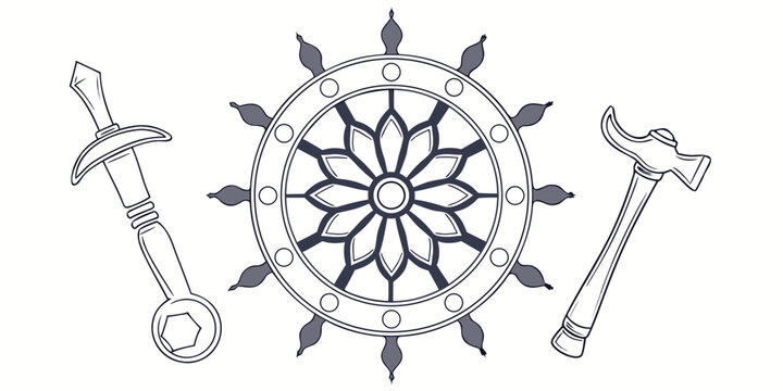 Symbolic mandala wheel centered between stylized hammer and wrench with construction illustration symbolic circular hardware maintenance industry engineering building