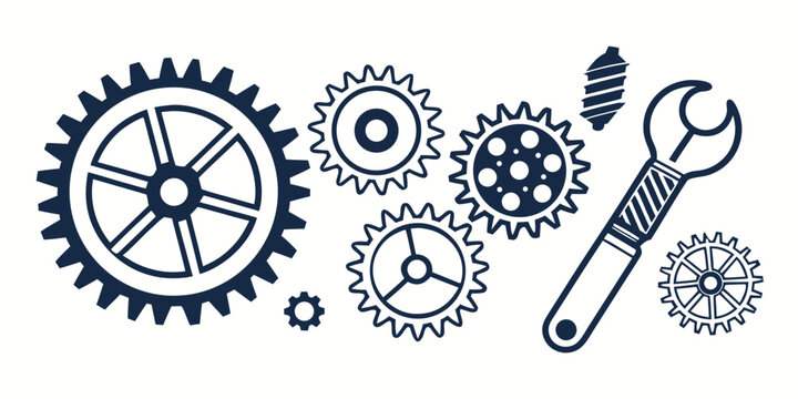 Large machine gear cog surrounded by smaller mechanical parts and wrench with mechanical industrial engineering equipment hardware maintenance construction cogwheel