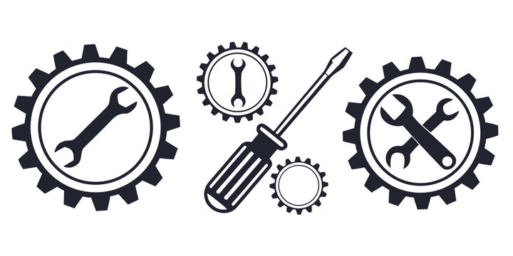 Mechanical gear icons featuring wrench and screwdriver maintenance tools screwdriver maintenance industrial mechanical engineering technical equipment hardware workshop
