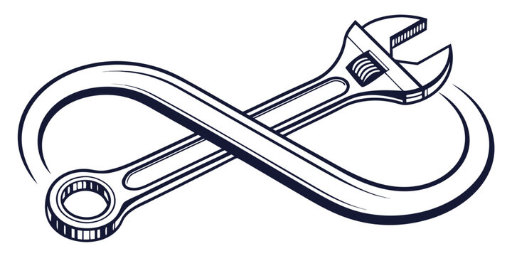Adjustable metal wrench forming an infinite line art graphic with infinity mechanic maintenance engineering hardware equipment technical construction industrial profession