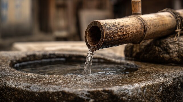 wellhead. Ancient wooden wellhead with bamboo pipe channeling water into stone trough. travel magazines, destination branding, designed for travel destination branding, elevates destination branding.