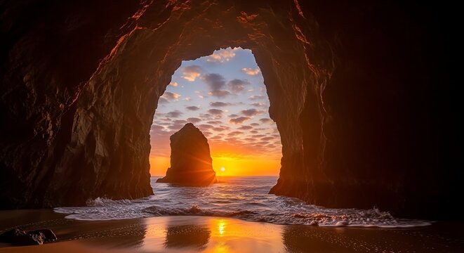Dramatic seascape view through a rock arch at sunset with golden light