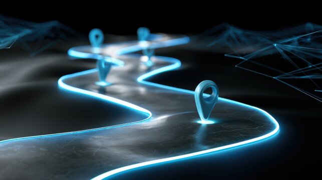 A glowing digital path with blue location markers on a dark surface, symbolizing navigation, mapping, or GPS tracking in a futuristic setting.