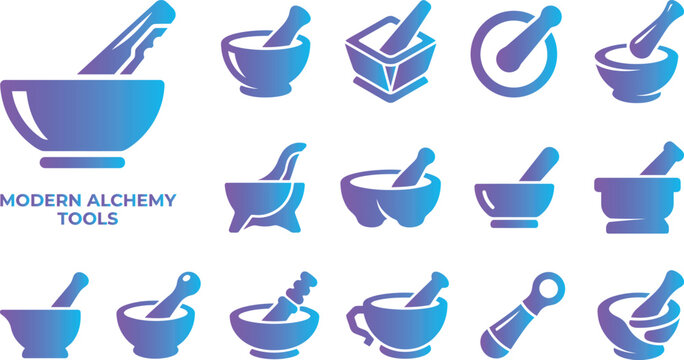 Modern alchemy tools mortar pestle set different shapes and styles for grinding and mixing ingredients.