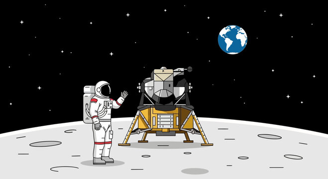Astronaut on the Moon with Lander and Earth in Space