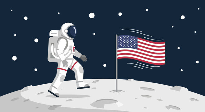 Astronaut planting American flag on the moon, space exploration, USA, science