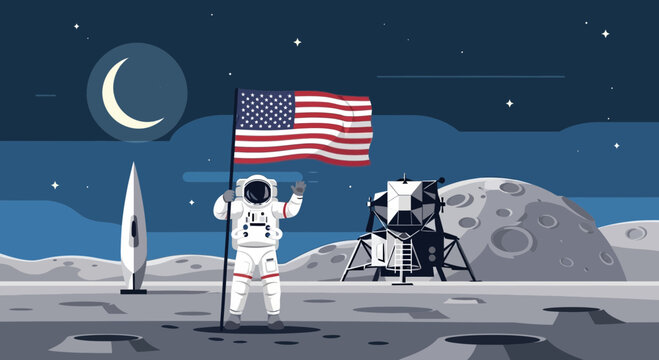 Astronaut plants American flag on moon surface near lunar module, space exploration