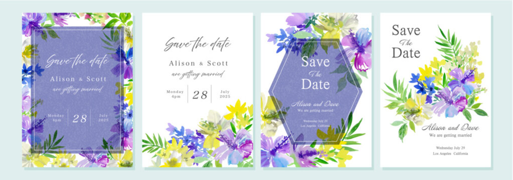 Watercolor tropical floral wedding invitation card set with abstract hand painted purple and white hibiscus and leaves. Vector elegant card template collection.