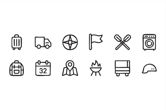 Outdoor Recreation Icon Pack With Travel Gear, Map and Campsite Elements