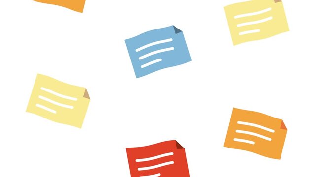 Dynamic animation of colorful sticky notes floating and scattering on white background.