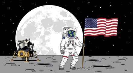 Astronaut Plants USA Flag on Moon with Earth Head and Lunar Lander © Lemah