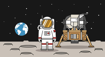 Astronaut Standing on Moon Surface Next to Lunar Lander with Earth in Background © Lemah