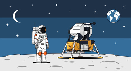 Astronaut Standing on Moon Surface Next to Lunar Lander, Earth and Moon in Sky © Lemah