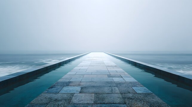 霧の海へ続くミニマルインフィニティプールと静寂のラグジュアリー建築
Minimal infinity pool walkway disappearing into fog, luxury coastal architecture background with copy space