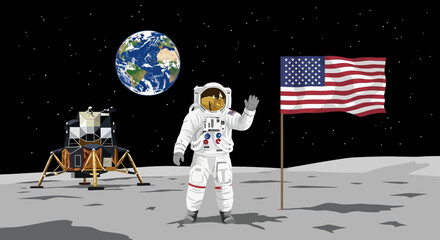 Astronaut Waving on Moon Surface with US Flag, Earth, and Lunar Lander © Lemah