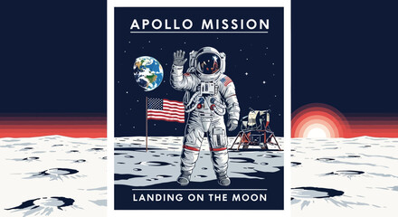 Astronaut Waving on Moon Surface, Apollo Mission Landing, Earth and USA Flag © Lemah