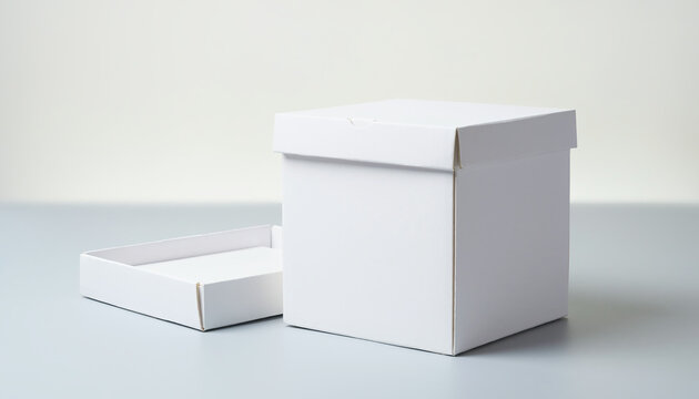 White cardboard boxes on gray surface.
