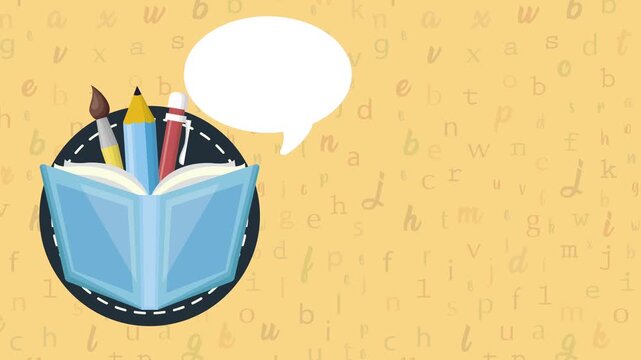 Educational book and creative stationery animation with speech bubble against yellow alphabet background.