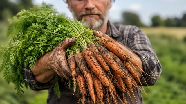 Farmer holding freshly harvested carrots covered with soil in a field, showing organic agriculture, healthy nutrition, crop production and sustainable rural farming.