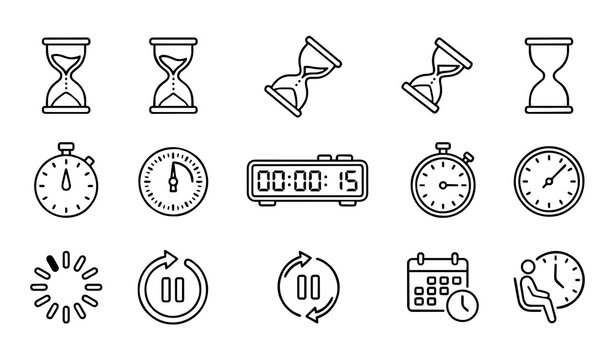 Hourglass and Timer Icons Grid: Minimalist Outline Illustrations for Time Management, Productivity Tracking, Deadline Reminders, and Chronological Symbols