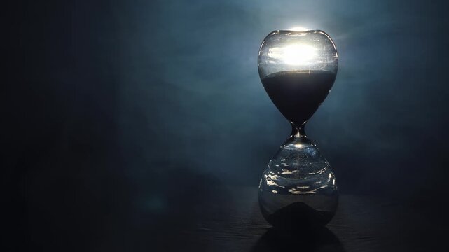 Hourglass sand timer counting down time with dramatic lighting and smoke effects.