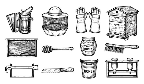 Black and white beekeeping tools vector set with honey farming equipment and apiary objects