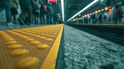 Fototapeta premium A low-angle view of a crowded subway platform with tactile paving and commuters waiting along the train tracks.